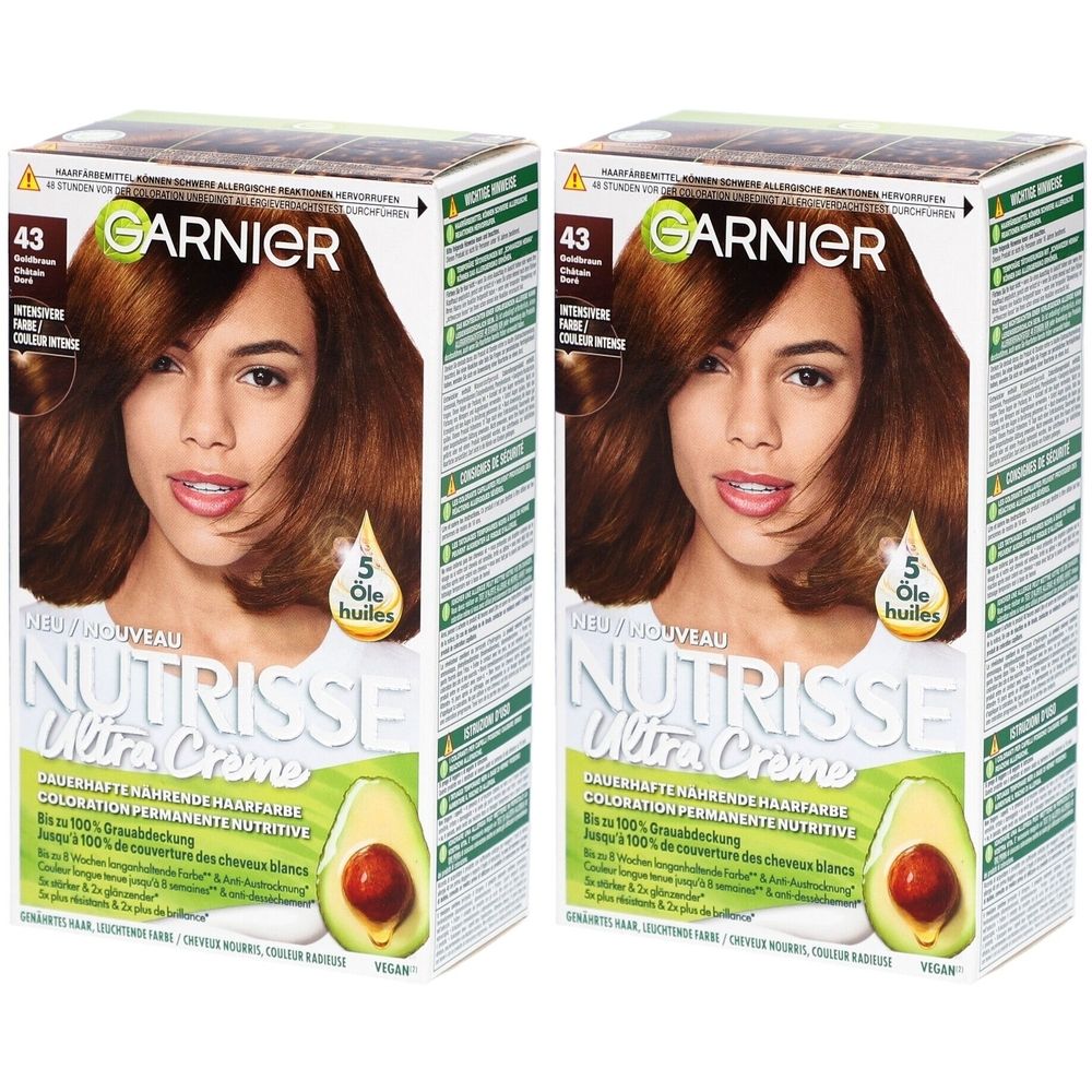 Deux boîtes de coloration capillaire Garnier Nutrisse Ultra Crème. Numéro 43, châtain doré. Image d'une femme aux cheveux bruns.