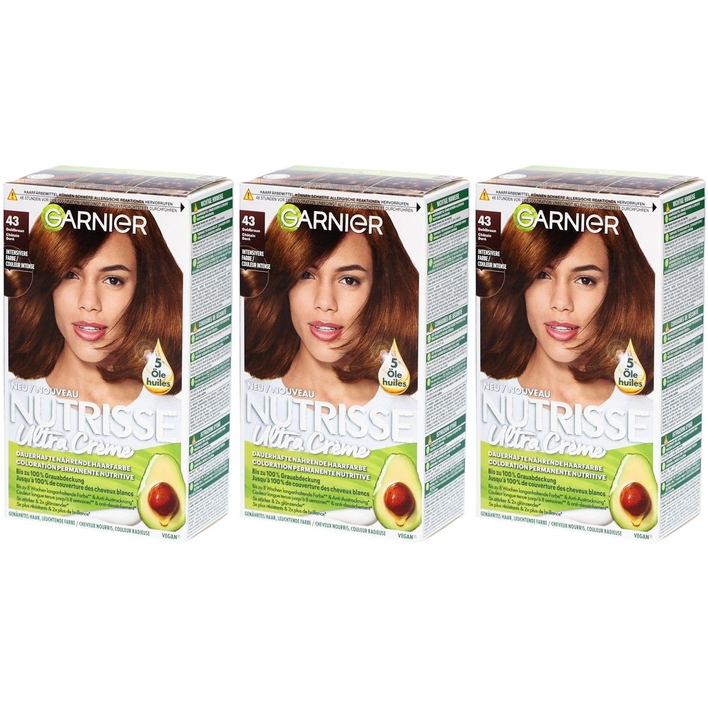 Trois boîtes de coloration Garnier Nutrisse. Chaque boîte présente une femme aux cheveux bruns. Texte : 43 Goldkastanie.