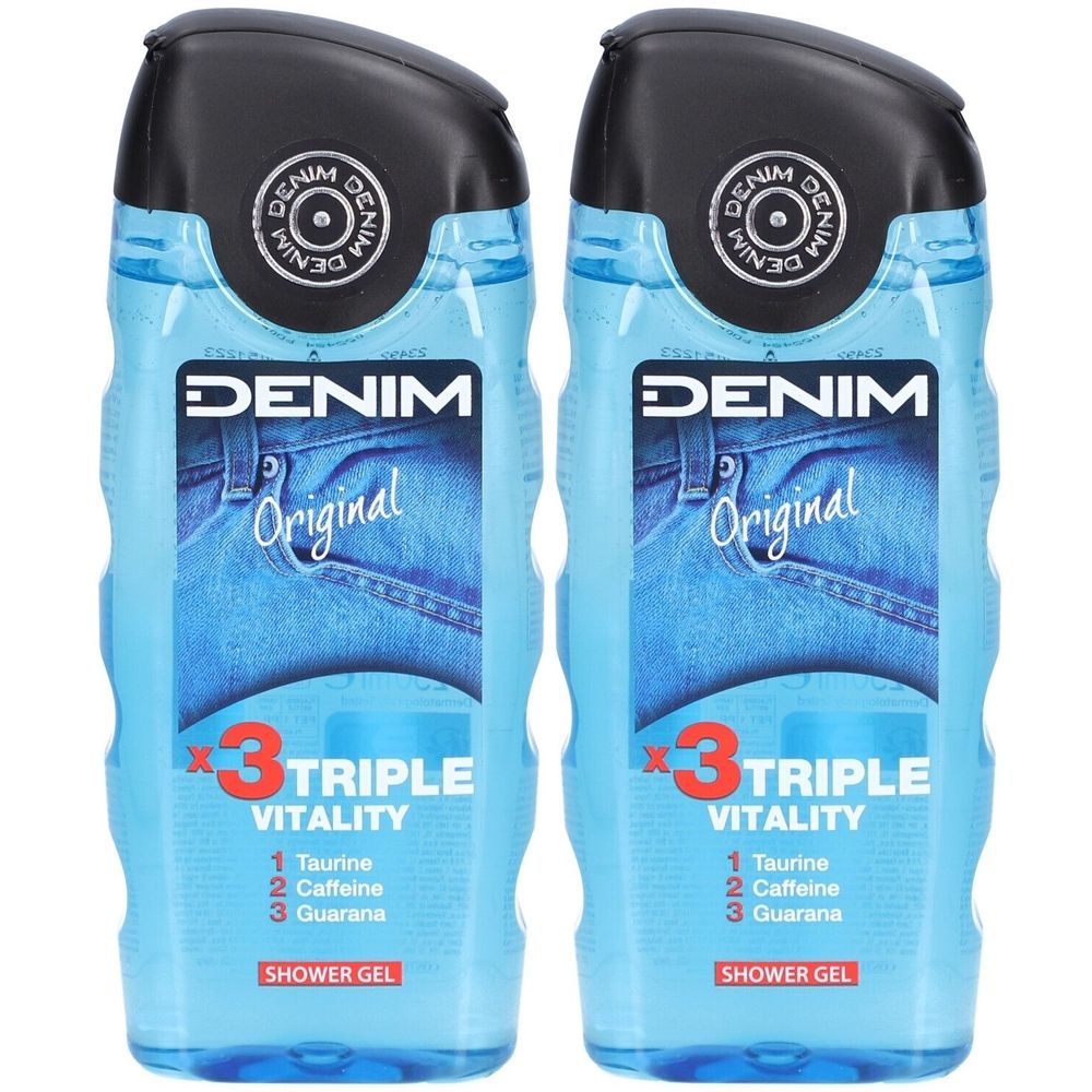 Zwei blaue Duschgels mit schwarzem Deckel. Aufschrift: DENIM Original, 3 Triple Vitality, Inhaltsstoffe. Produktname und Marke sichtbar.