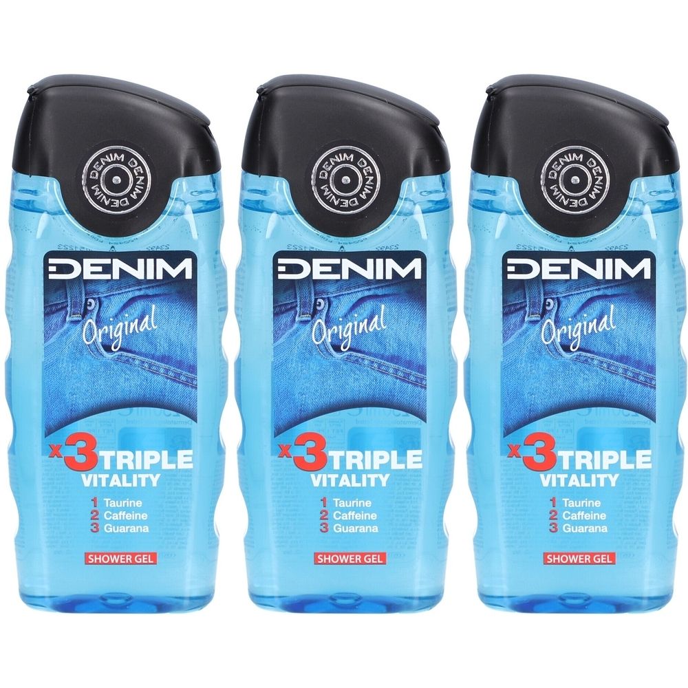Drei blaue Duschgels mit schwarzem Deckel. Aufschrift: DENIM Original, Triple Vitality. Enthält Taurin, Koffein, Guarana. SHOWER GEL.