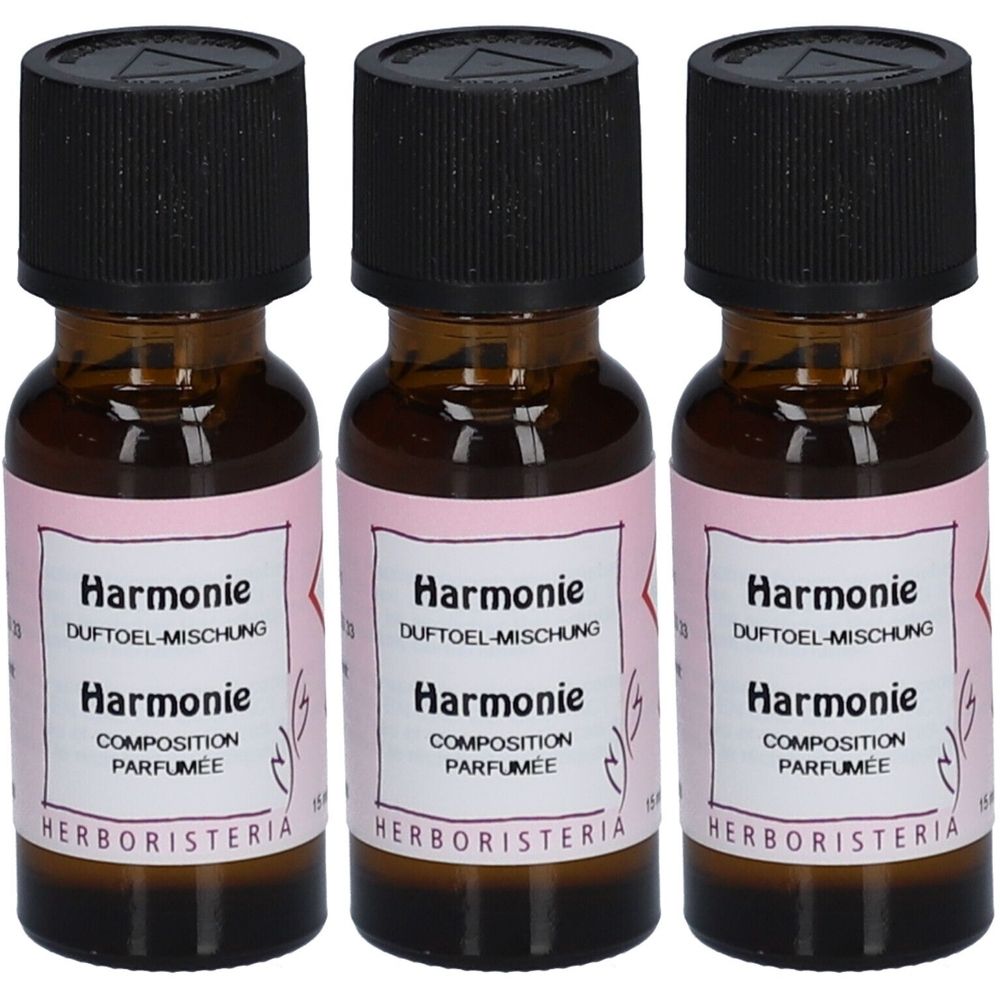 Drei kleine braune Glasflaschen mit schwarzem Deckel. Etikett mit "Harmonie" und "HERBORISTERIA".