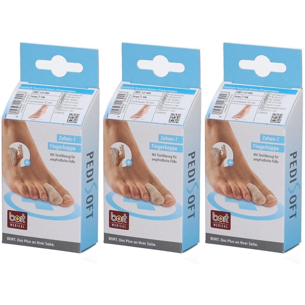 Drei Verpackungen mit Zehen-/Fingerkappen. Auf jeder Verpackung ist ein Fuß mit einer Kappe abgebildet. Der Schriftzug PediSoft und BORT MEDICAL sind sichtbar.