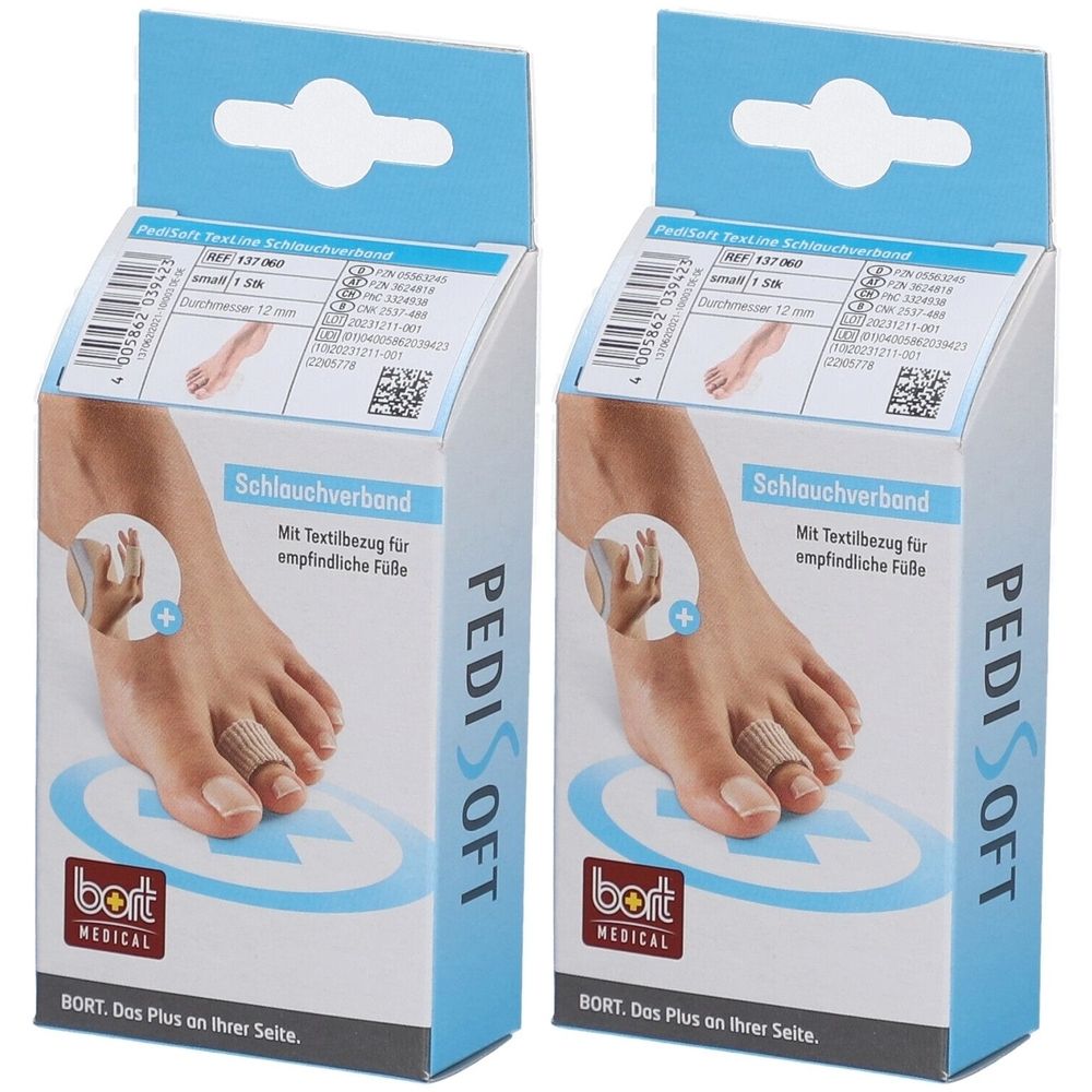 Zwei Packungen PediSoft Schlauchverband. Aufdruck: bort MEDICAL, PediSoft. Produktabbildung am Fuß.