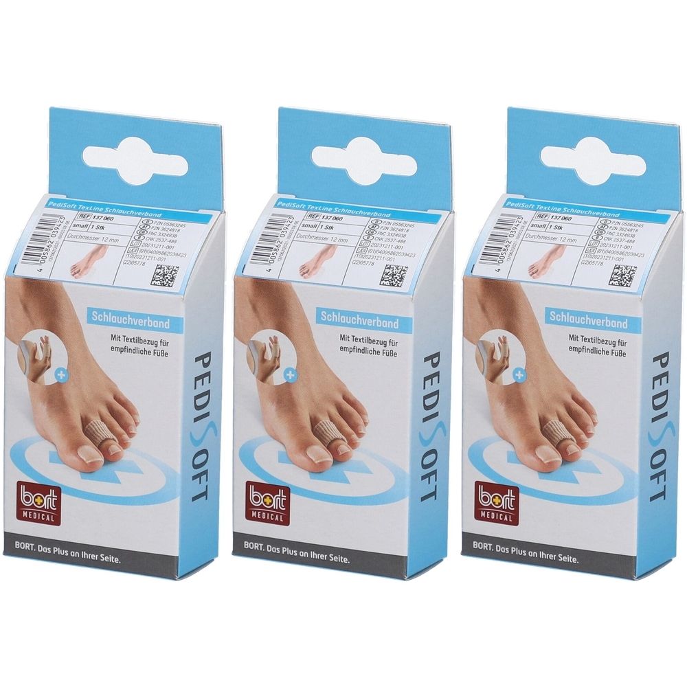 Drei Schachteln mit Schlauchverband. Aufdruck: PediSoft, BORT MEDICAL. Abbildung eines Fußes mit Verband.