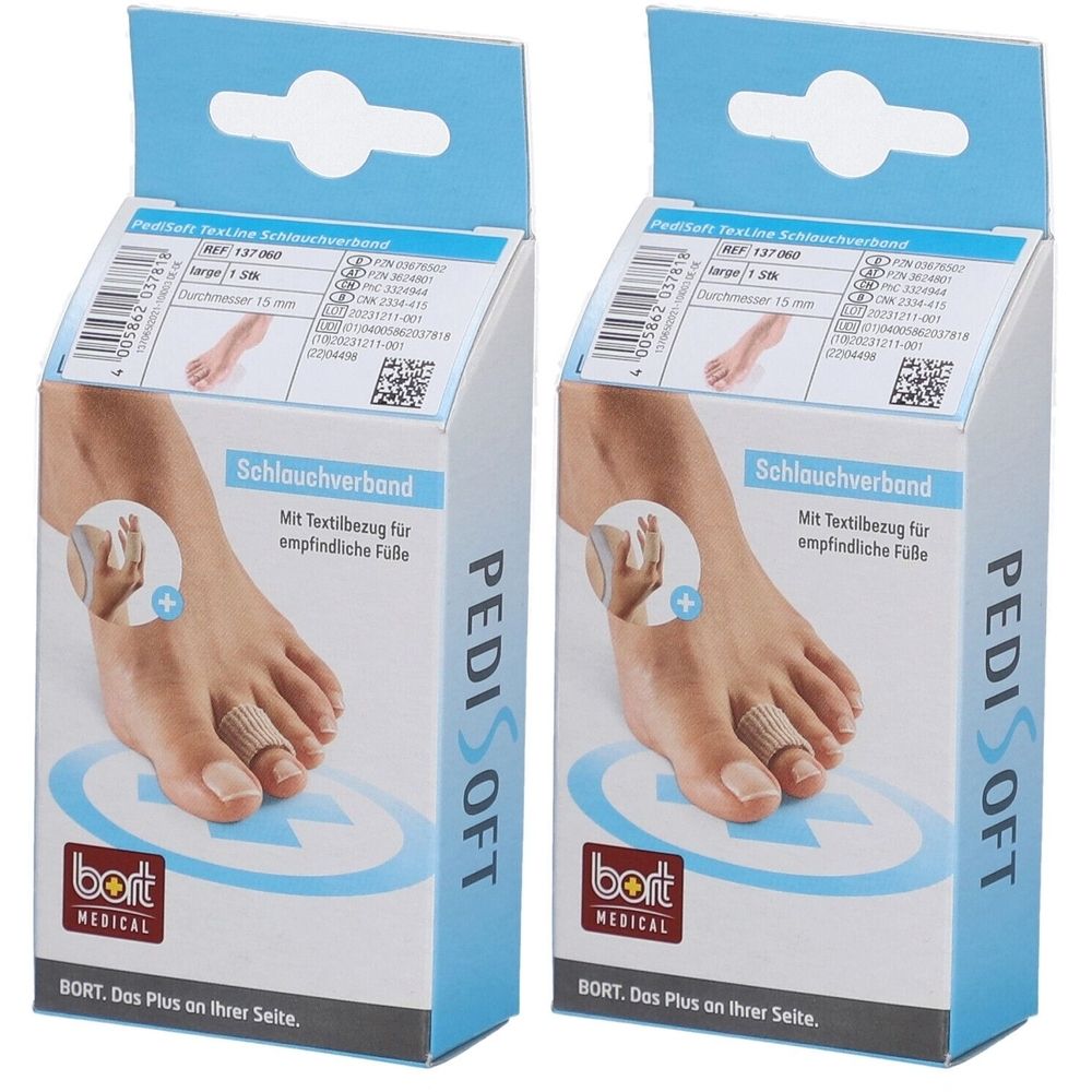 Zwei Packungen PediSoft TexLine Schlauchverband. Aufdruck: BORT MEDICAL, PediSoft. Produktabbildung am Fuß.