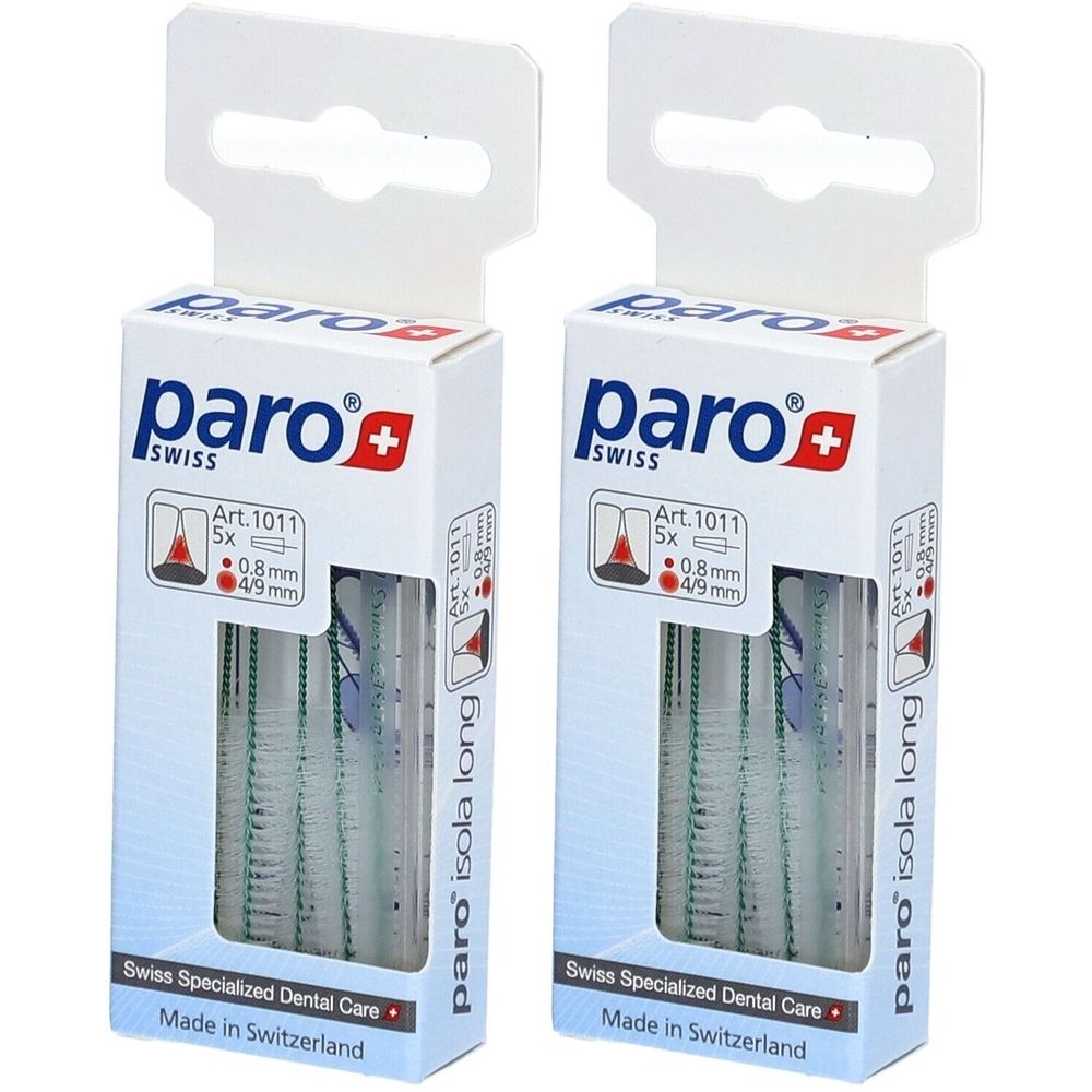 Deux boîtes de brosses interdentaires paro® Isola Long. Emballage blanc avec logo et indications de taille.