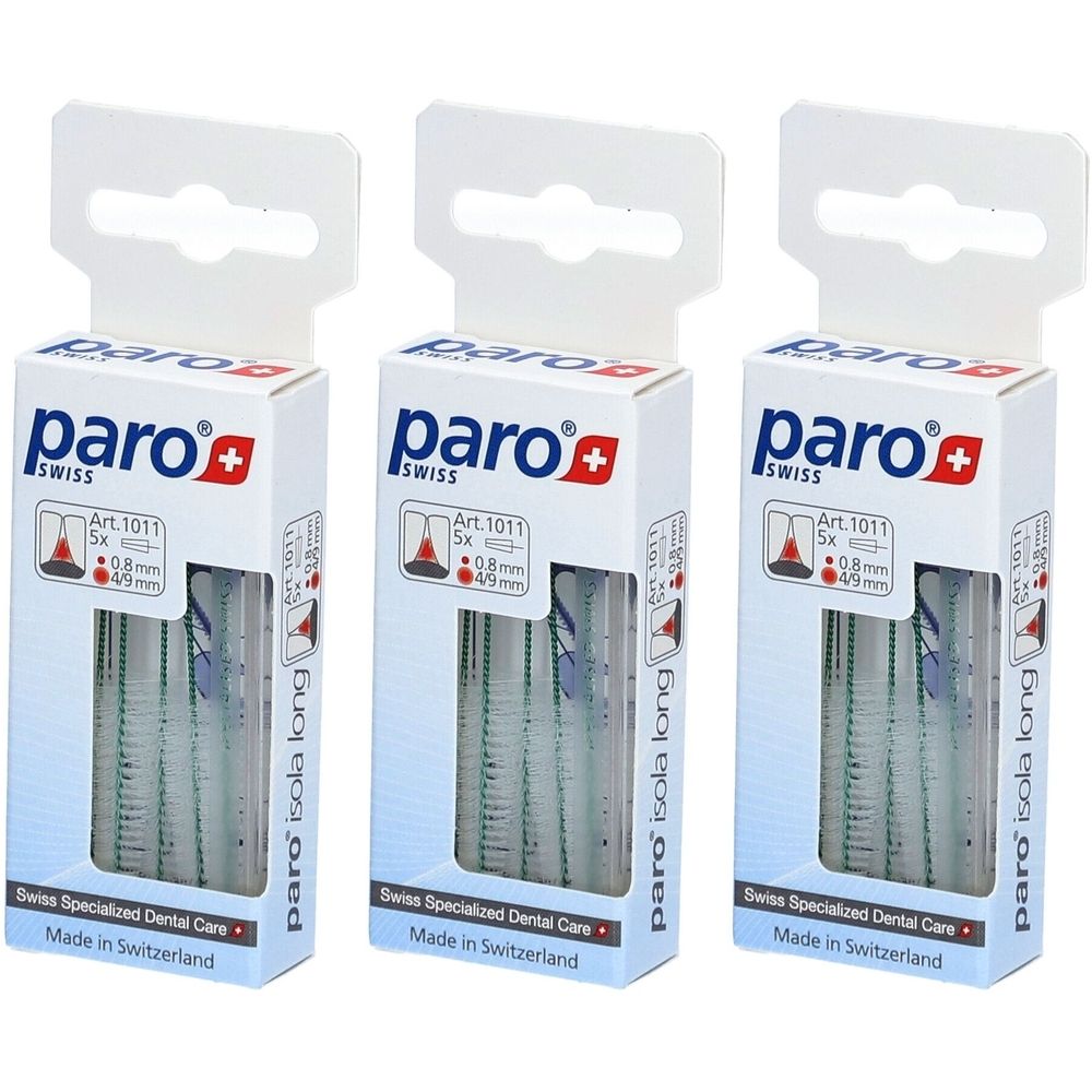 Trois boîtes de brosses interdentaires paro® Isola Long. Emballage blanc avec informations produit et logo de la marque. Fabriqué en Suisse.