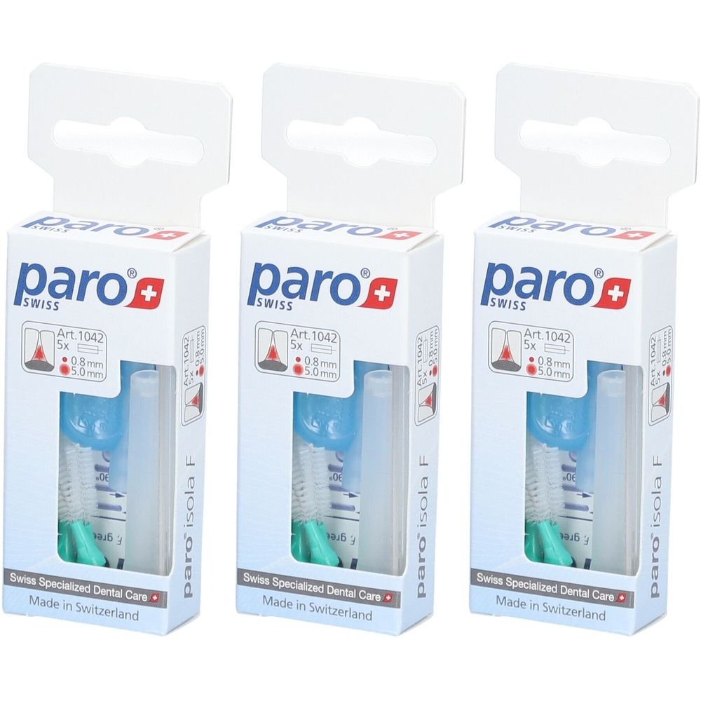 Trois boîtes de brossettes interdentaires paro® Isola F. Chaque boîte contient une brosse et un étui de protection. Vert et bleu.