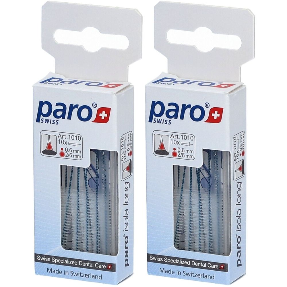 Zwei Packungen paro® Isola Long Interdentalbürsten. Weiße Verpackung mit Logo, rotem Kreuz und Produktinformationen. Hergestellt in der Schweiz.