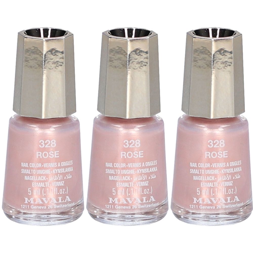 Trois flacons de vernis à ongles roses. Inscription : 328 ROSE, MAVALA. Bouchon argenté. 5 ml.