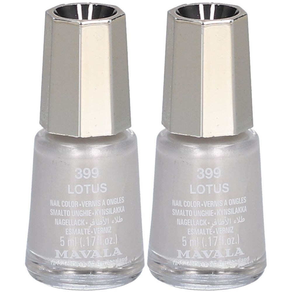 Zwei Flakons Nagellack, Lotus 399, mit silberfarbenen Kappen. Aufschrift: Nail Color, 5 ml, Marke Mavala.