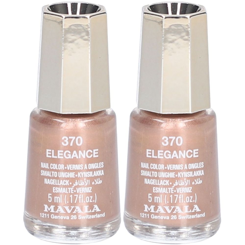 Deux flacons de vernis à ongles, couleur 370 Elegance. Bouchons argentés. Inscription: Mavala, 5 ml.