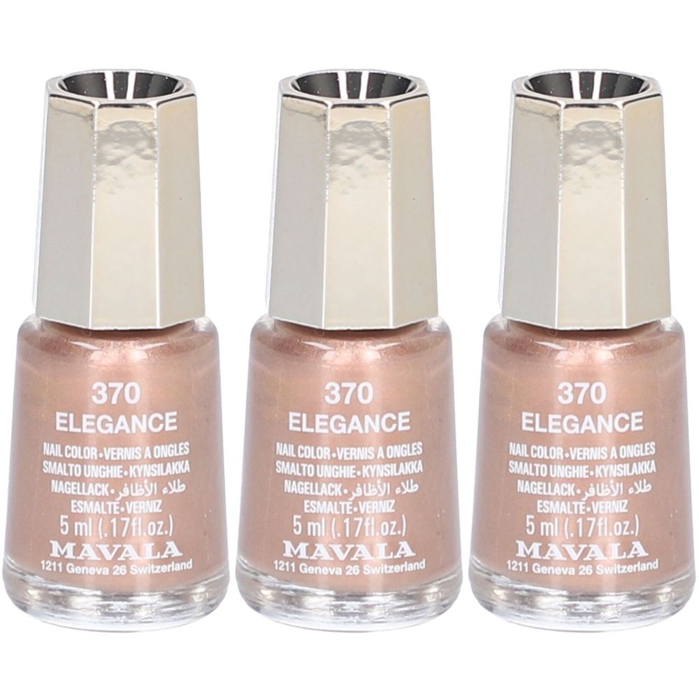 Trois flacons de vernis à ongles Mavala, couleur 370 Elegance. Bouchons argentés.