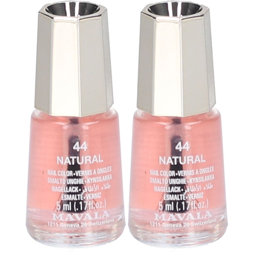 Zwei Flakons Nagellack, Farbe 44 Natural. Mit silberfarbenem Deckel. Marke Mavala, 5 ml.
