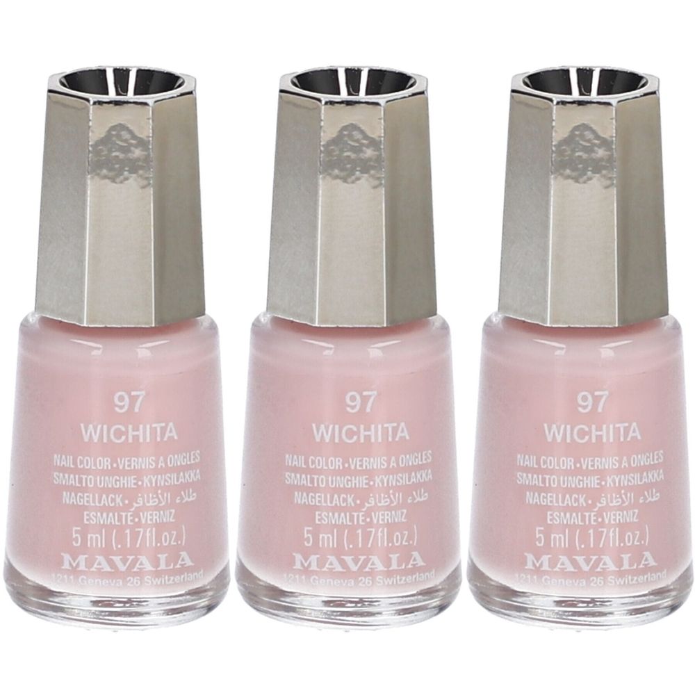 Trois flacons de vernis à ongles rose. Inscription : 97 Wichita, Mavala. Bouchon argenté. Volume : 5 ml.