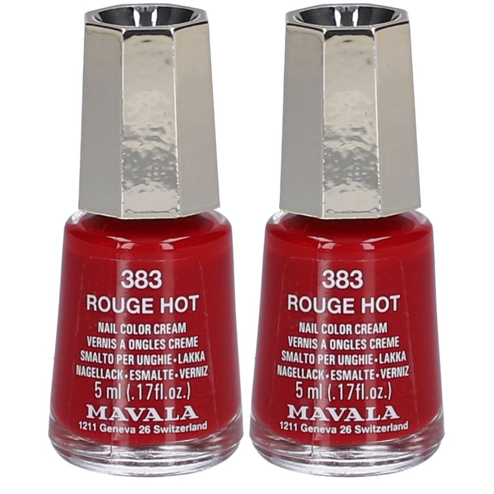 Zwei Flaschen roter Nagellack. Aufschrift: 383 ROUGE HOT, 5 ml, MAVALA. Silberfarbener Deckel.