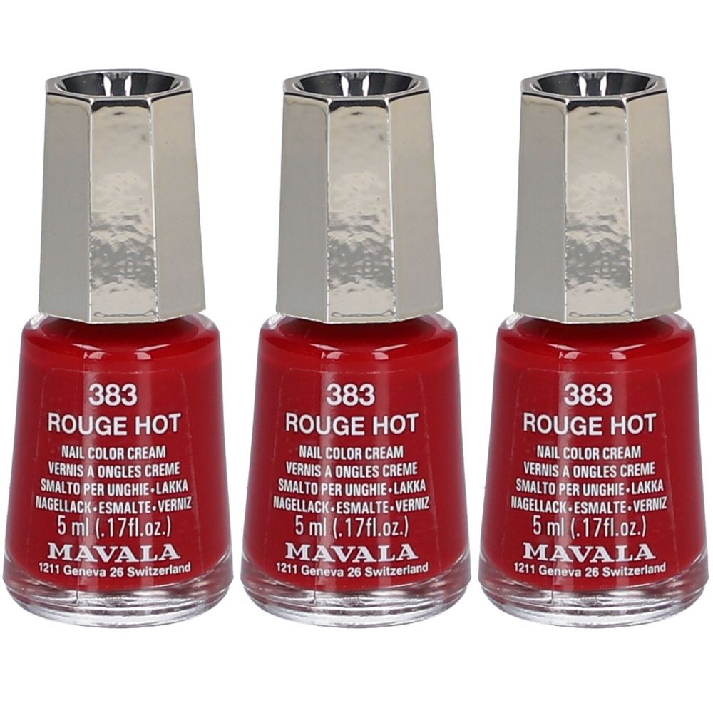 Drei Flakons Nagellack, rot. Aufschrift: 383 Rouge Hot, Nail Color Cream, Mavala. Silberfarbener Deckel. 5 ml.