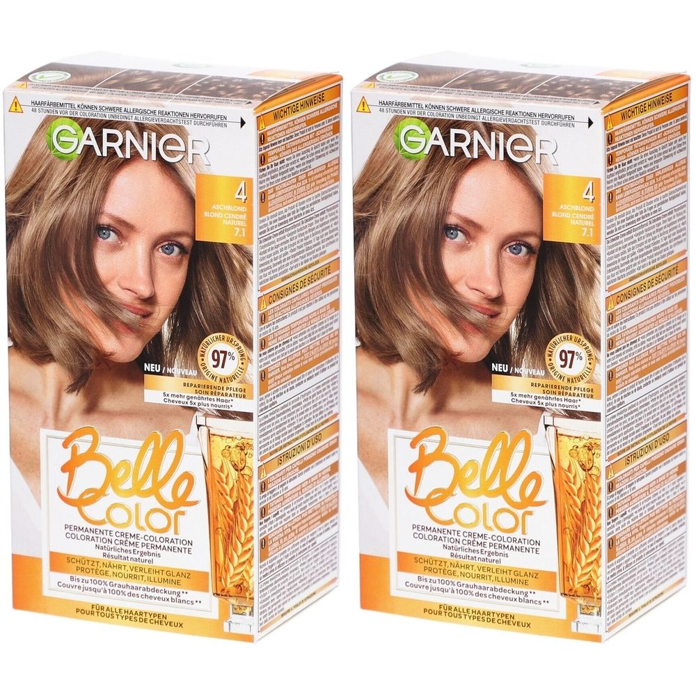 Deux boîtes de coloration capillaire Garnier Belle Color. Inscription : N°4 Blond cendré. Un portrait de femme est imprimé sur l'emballage.