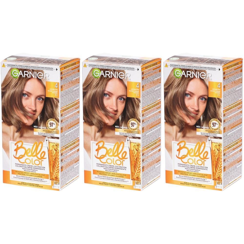 Trois boîtes de coloration Garnier Belle Color. Inscription : N°4 Blond cendré. Image d'une femme aux cheveux bruns.