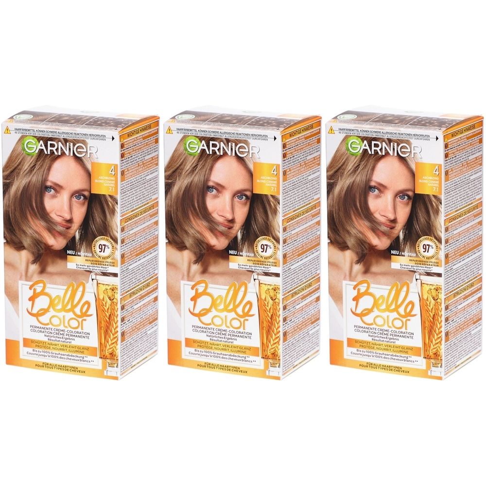 Trois boîtes de coloration Garnier Belle Color. Chaque boîte présente une femme aux cheveux blond cendré. Inscription : N°4 Blond cendré.