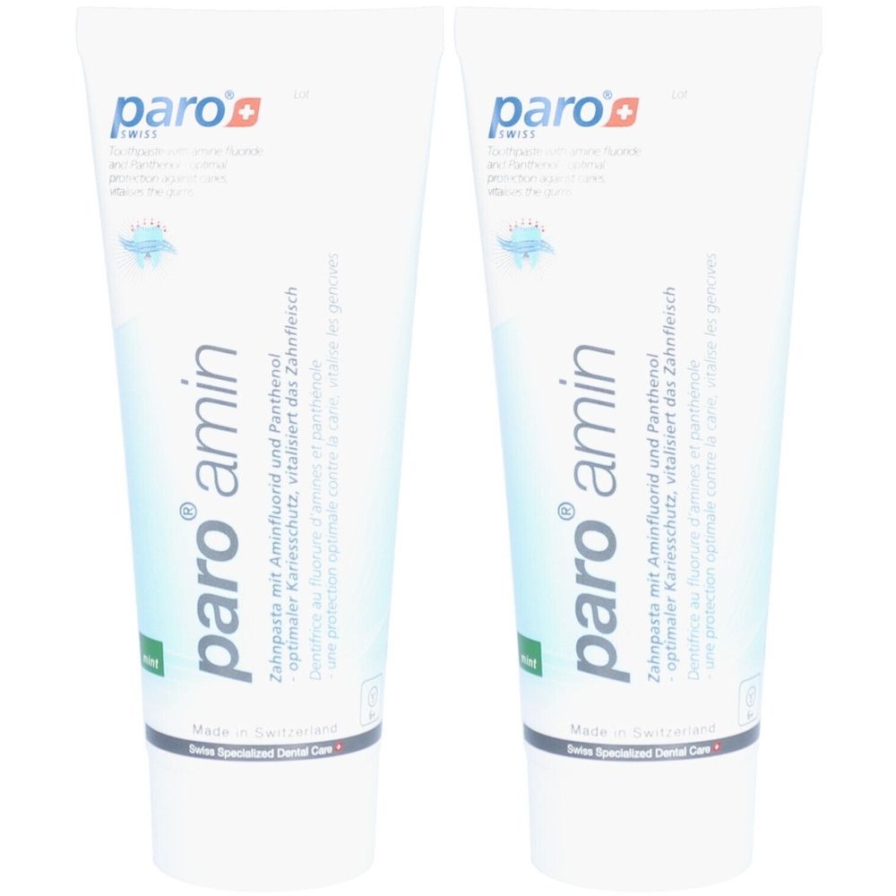 Zwei Tuben paro® amin Zahnpasta. Weiße Tuben mit blauer und grüner Schrift. Text: Zahnpasta mit Aminfluorid und Panthenol.