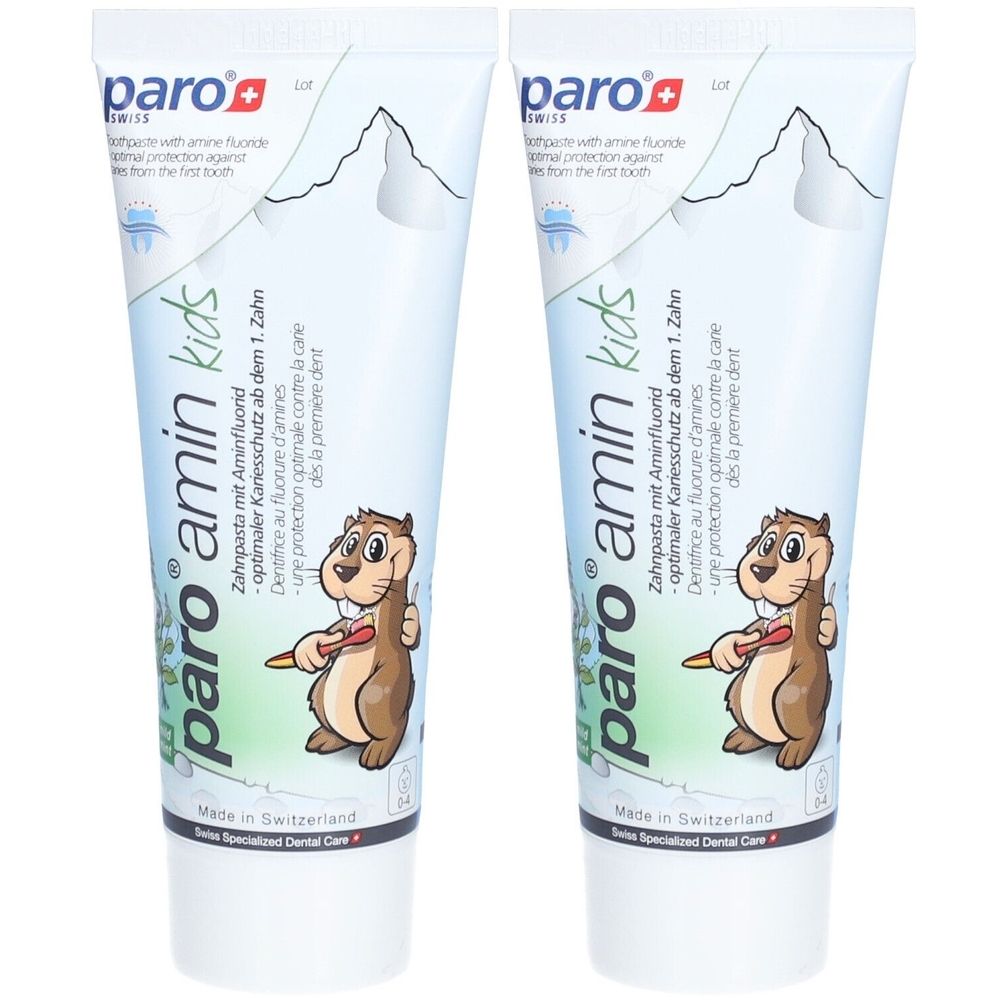 Deux tubes de dentifrice paro® amin kids. Tubes blancs avec design bleu, motif montagne et écureuil. Texte: Dentifrice au fluorure d'amines.