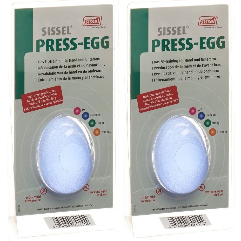 Deux emballages de Sissel Press-Egg Medium Bleu. Appareil d'entraînement en forme d'œuf, emballé. Inscription : Sissel, Press-Egg.