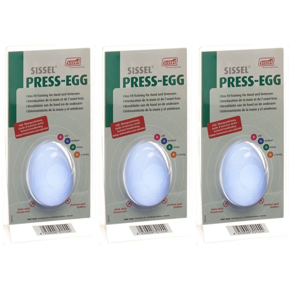 Trois Sissel Press-Egg Medium Bleu emballés. Produit ovale bleu avec indications colorées. Texte: Sissel, Press-Egg.