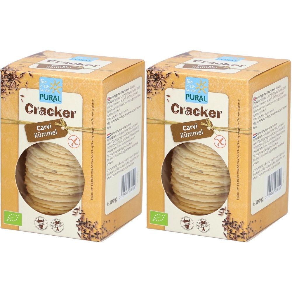 Deux boîtes de crackers. Inscription : Pural Cracker, Carvi Kümmel, sans gluten. Label bio.
