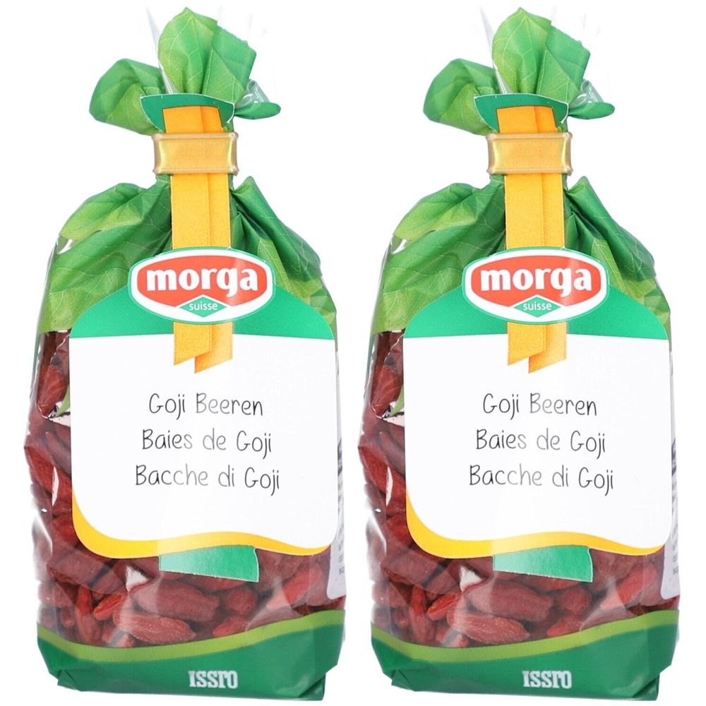Zwei Beutel getrockneter Goji-Beeren. Aufschrift: morga, Goji Beeren, Baies de Goji, Bacche di Goji.