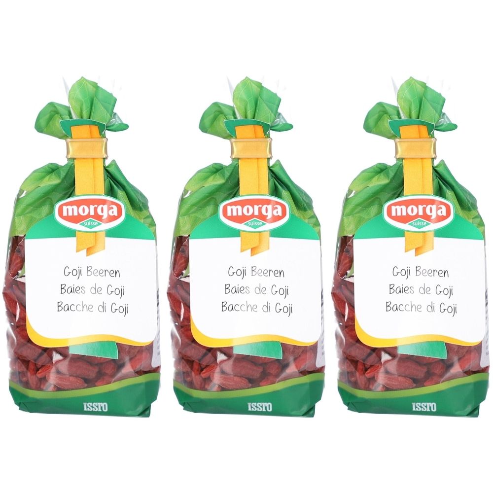 Drei Beutel getrockneter Goji-Beeren. Aufschrift: morga, Goji Beeren, Baies de Goji, Bacche di Goji.