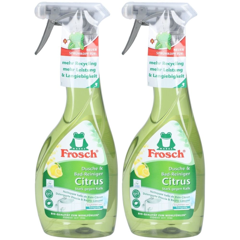 Deux flacons pulvérisateurs verts avec le logo Frosch. Inscription : Dusche & Bad-Reiniger Citrus. Contient des informations sur le nettoyage.