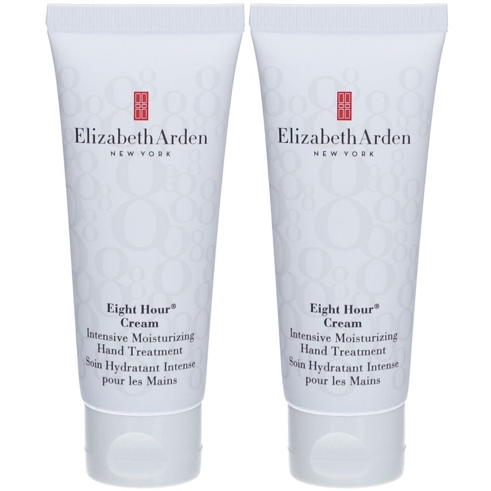 Zwei Tuben Elizabeth Arden Eight Hour® Cream Hand Treatment. Weiße Tuben mit rotem Logo und Produktbezeichnung.