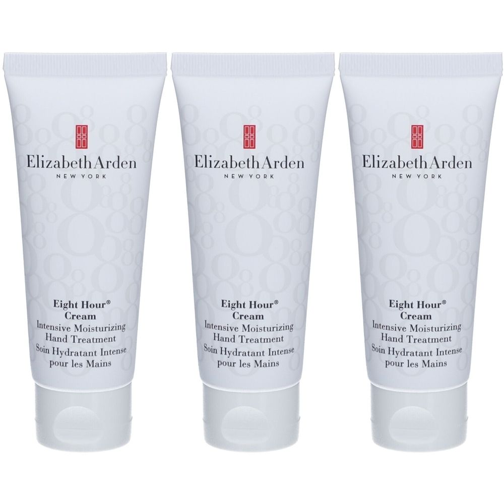 Drei weiße Tuben Handcreme. Auf jeder Tube steht "Elizabeth Arden" und "Eight Hour Cream". Text in Englisch und Französisch.
