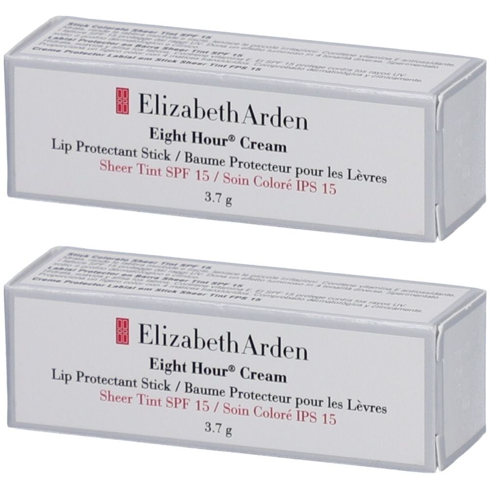 Zwei rechteckige Schachteln mit Produktinformationen. Aufschrift: Elizabeth Arden Eight Hour Cream Lip Protectant Stick SPF 15.