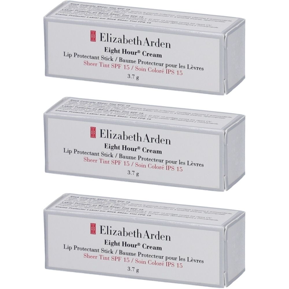 Trois boîtes blanches avec informations produit. Inscription: Elizabeth Arden Eight Hour Cream Lip Protectant Stick SPF 15, 3,7 g.