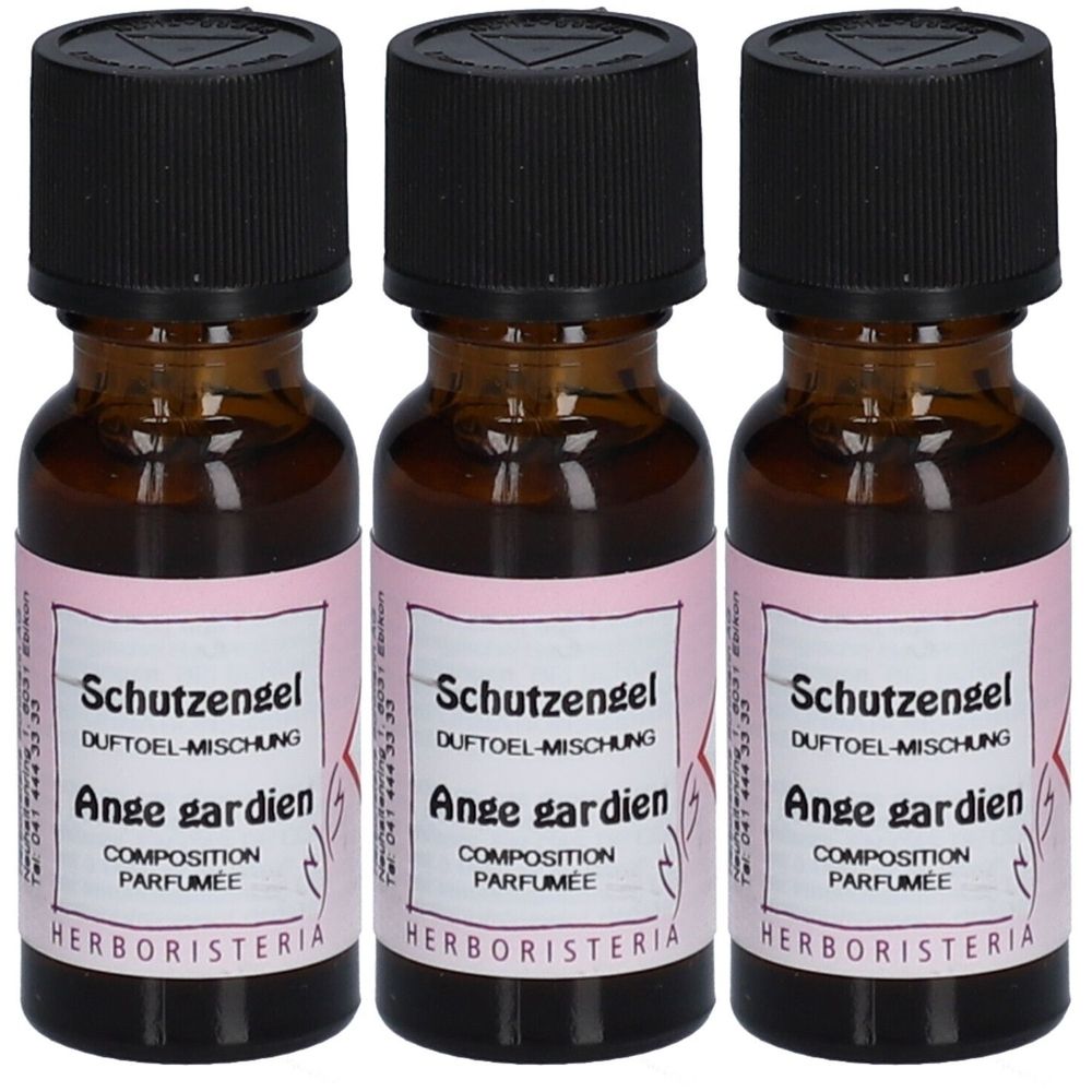 Drei kleine braune Glasflaschen mit schwarzen Deckeln. Etiketten mit Text: Schutzengel, Duftöl-Mischung, Ange gardien, Herboristeria.