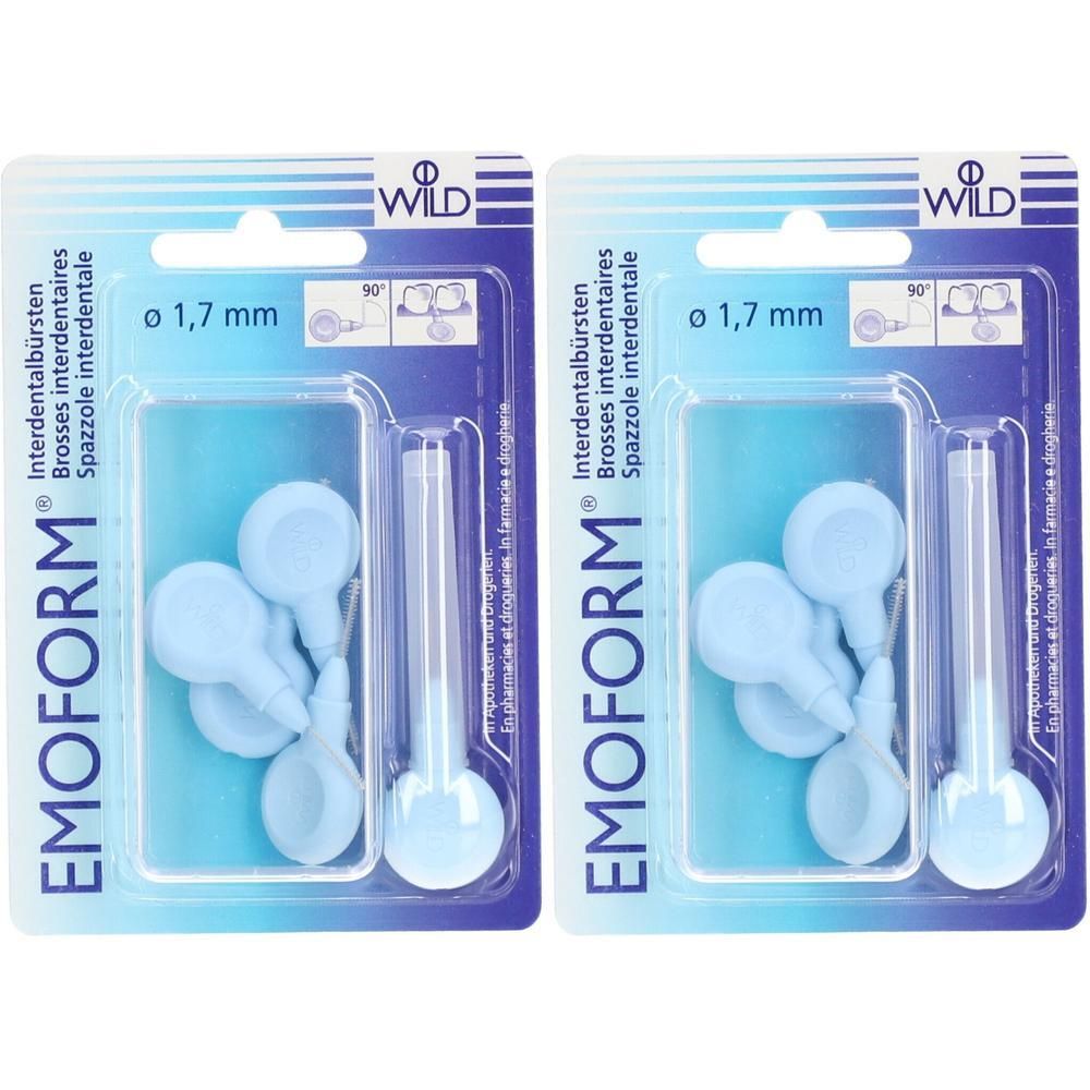 Deux blisters de brosses interdentaires bleu clair. Chaque paquet contient quatre brosses de 1,7 mm de diamètre.