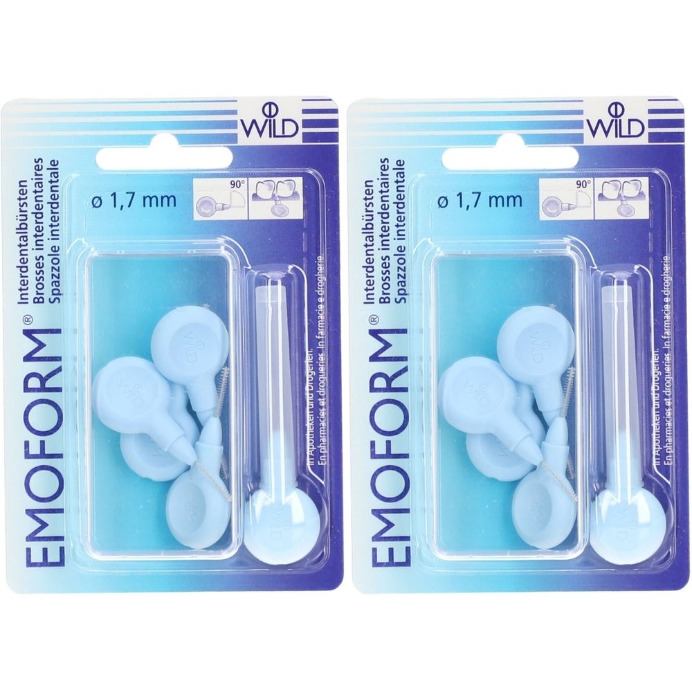 Deux blisters de brosses interdentaires bleu clair. Inscription : EMOFORM, 1,7 mm. Marque : WILD.