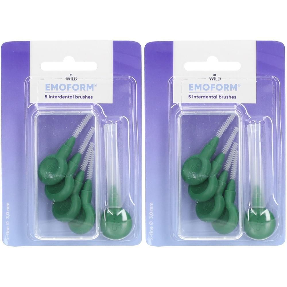 Deux paquets de brosses interdentaires EMOFORM. Manches vert foncé, soies blanches. 5 brosses par paquet. 3,0 mm.