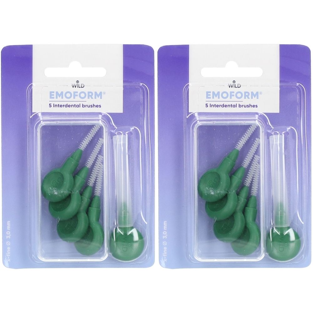 Deux blisters de brosses interdentaires EMOFORM. Chaque paquet contient 5 brosses vertes avec des poils blancs.