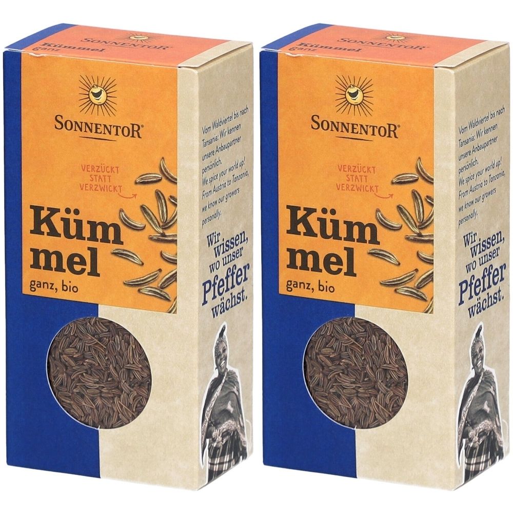 Zwei rechteckige Kartonverpackungen mit dem Produktnamen K
mmel. Aufschrift: Sonnentor, ganz, bio.