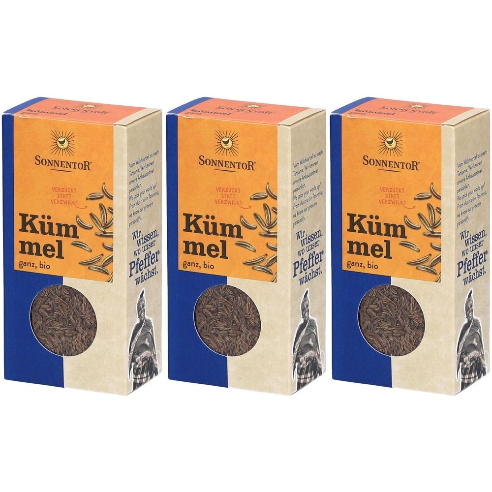 Drei rechteckige Kartonverpackungen mit dem Logo von Sonnentor. Aufschrift: K

mmel ganz, bio.