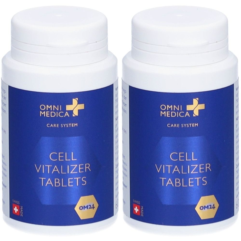 Zwei weiße Flaschen mit blauen Etiketten. Aufschrift: OMNI MEDICA, CELL VITALIZER TABLETS. Schweizer Kreuz.