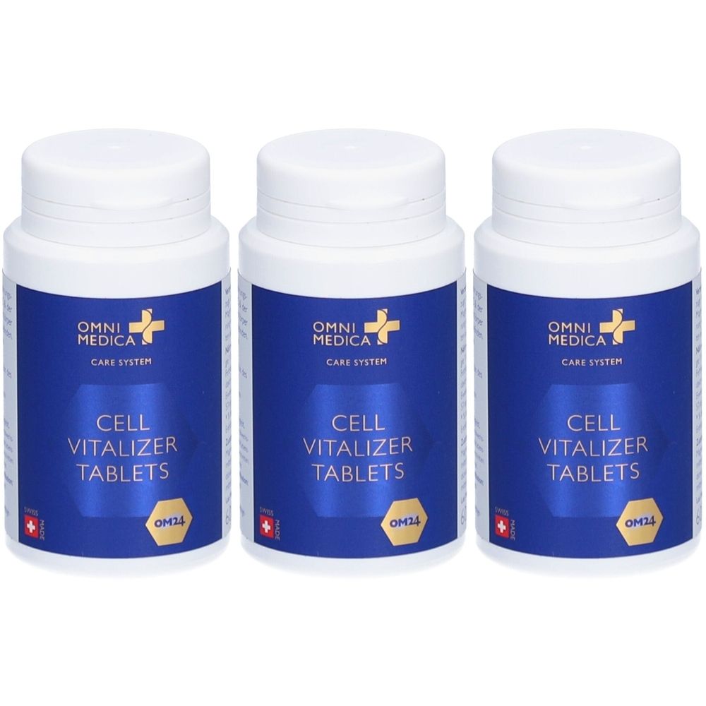 Drei weiße Flaschen mit blauen Etiketten. Aufschrift: OMNI MEDICA, CELL VITALIZER TABLETS. Mit Schweizer Kreuz und OM14-Logo.
