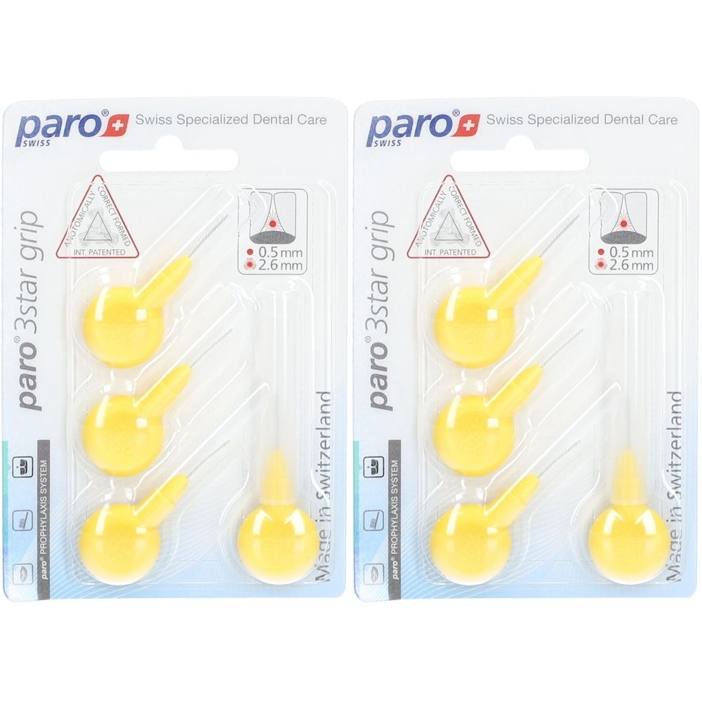 Deux paquets de brosses interdentaires jaunes. Chaque paquet contient 5 brosses avec des manches jaunes et des poils transparents. Inscription : paro 3star grip.