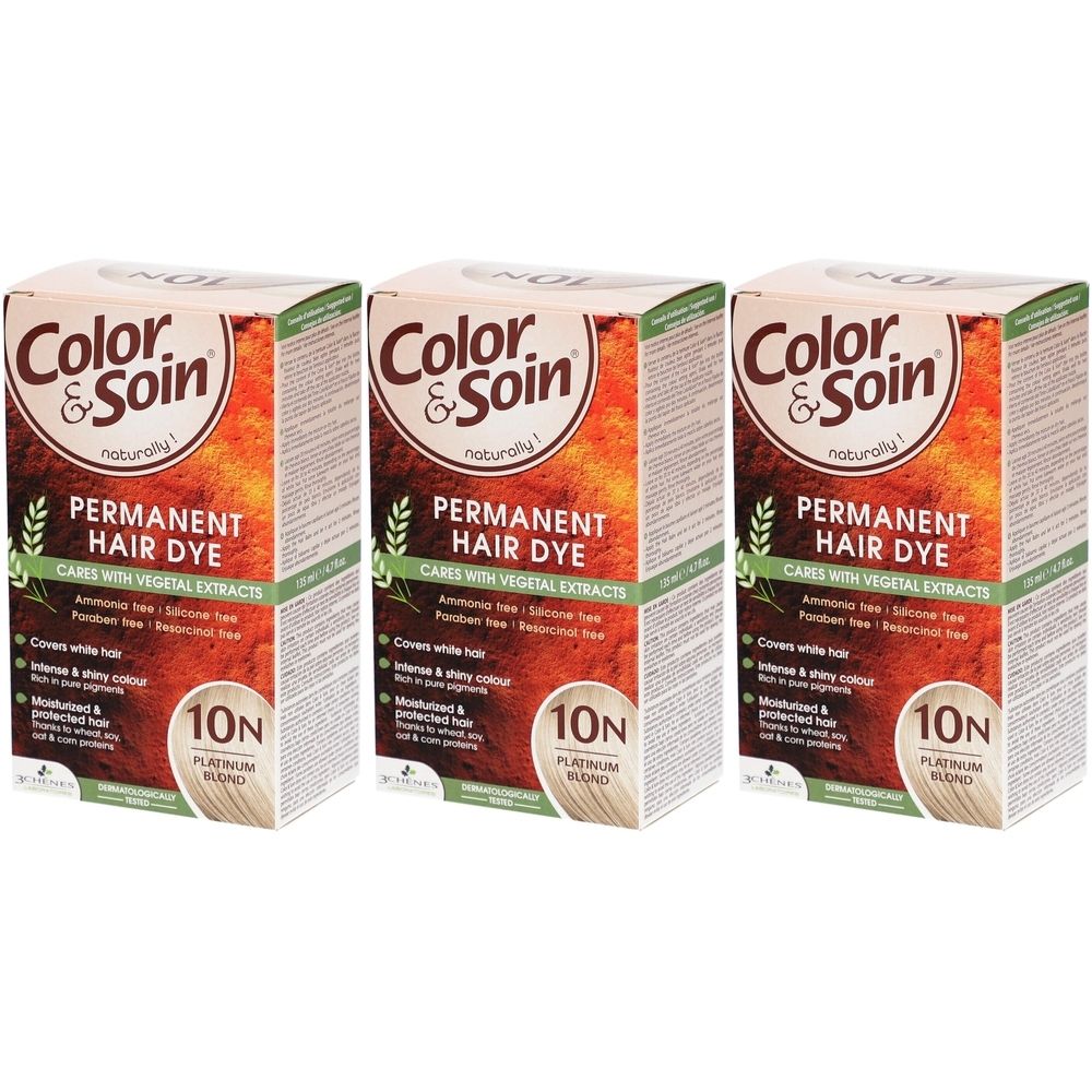 Trois boîtes de teinture capillaire. Chaque boîte porte l'inscription "Color & Soin" et "Permanent Hair Dye". La couleur est 10N blond platine.
