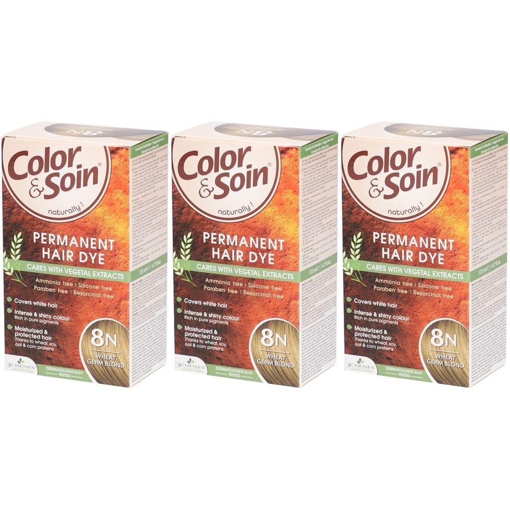 Drei Schachteln Color & Soin Permanent Hair Dye. Aufschrift: 8N Weizenblond. Mit pflanzlichen Extrakten. Deckt graues Haar ab.