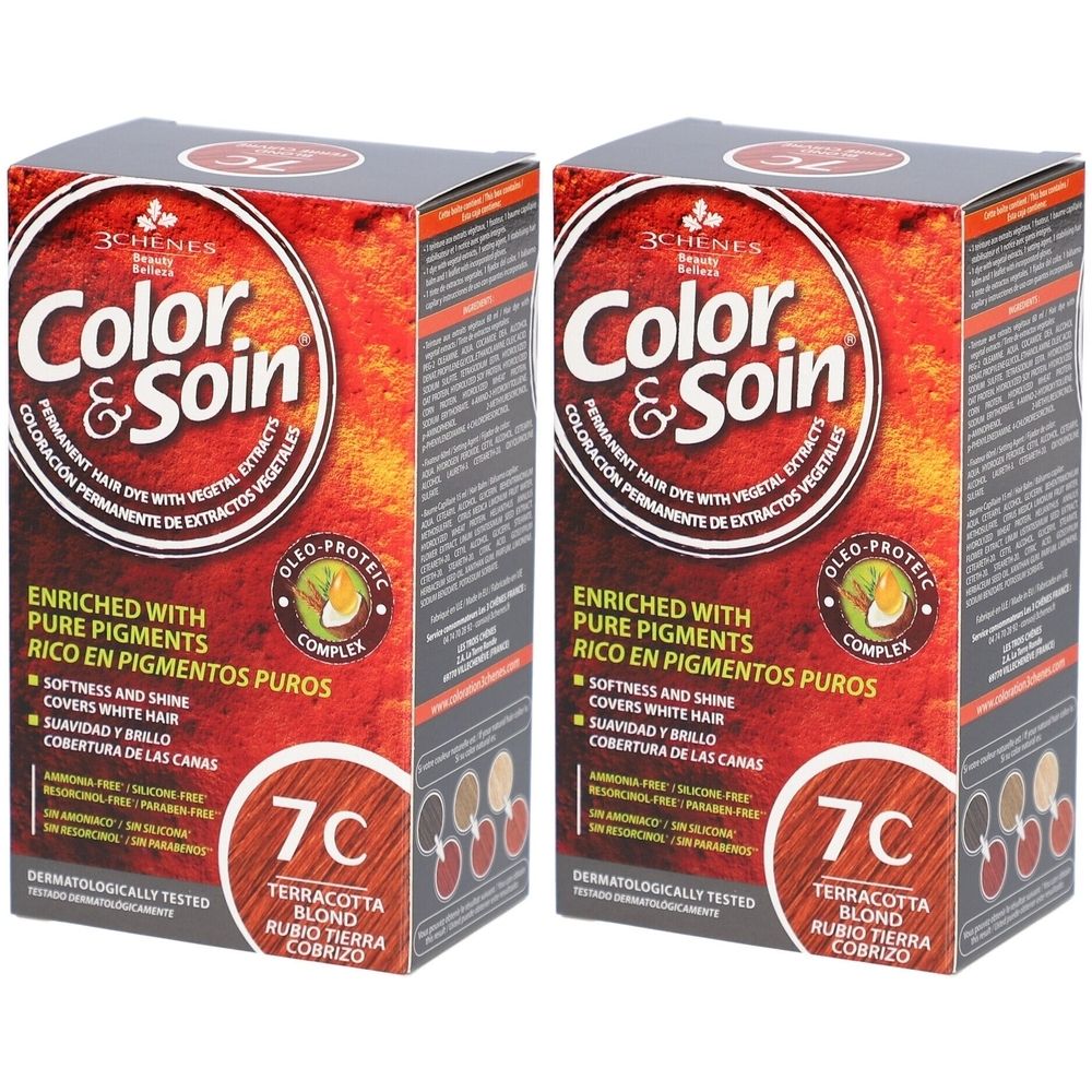 Deux boîtes de Color & Soin. Inscription : 7C Terracotta Blond. Contient des extraits végétaux et des pigments purs.