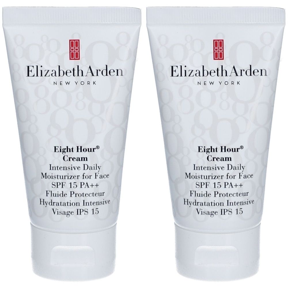 Zwei Tuben Elizabeth Arden Eight Hour Cream, Tagescreme für das Gesicht. Weiße Tuben mit rotem Logo und Text.